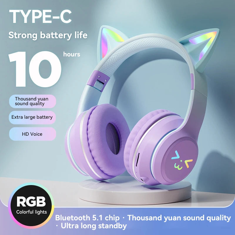 Gradient RGB Cat Ear Wireless Headphones