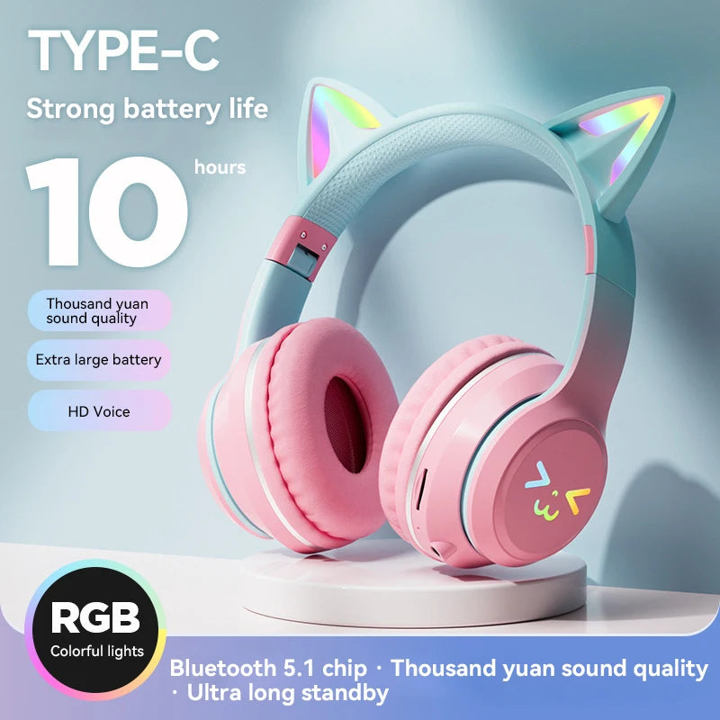 Gradient RGB Cat Ear Wireless Headphones